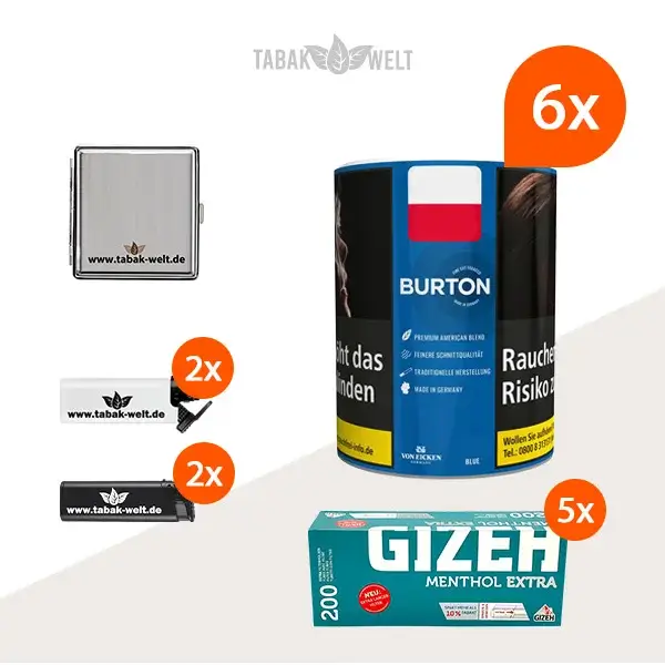 Burton Blue Feinschnitt-Tabak 6x Dose mit 1000 Extra Menthol Hülsen und Etui