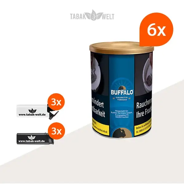 Buffalo Blau Feinschnitttabak 6x Dose mit Sturmfeuerzeugen Buffalo Blau Feinschnitttabak 6x Dose mit Sturmfeuerzeugen