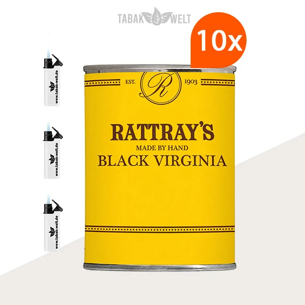Rattray’s British Selection Black Virginia Pfeifentabak – 10er-Box mit Feuerzeugen