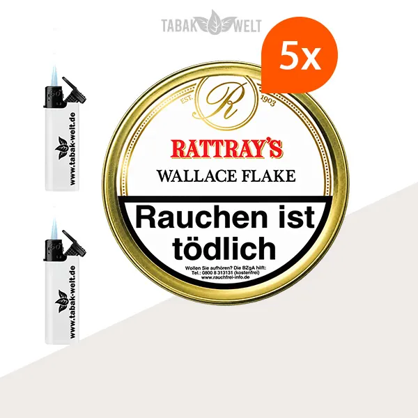 Rattray’s Flake Collection Wallace Flake Pfeifentabak im 5er-Dosen-Set inklusive Feuerzeugen.