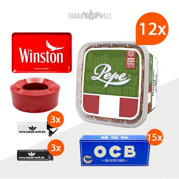 Pepe Rich Green Volumentabak 12 x Eimer mit OCB Hülsen und Aschenbecher