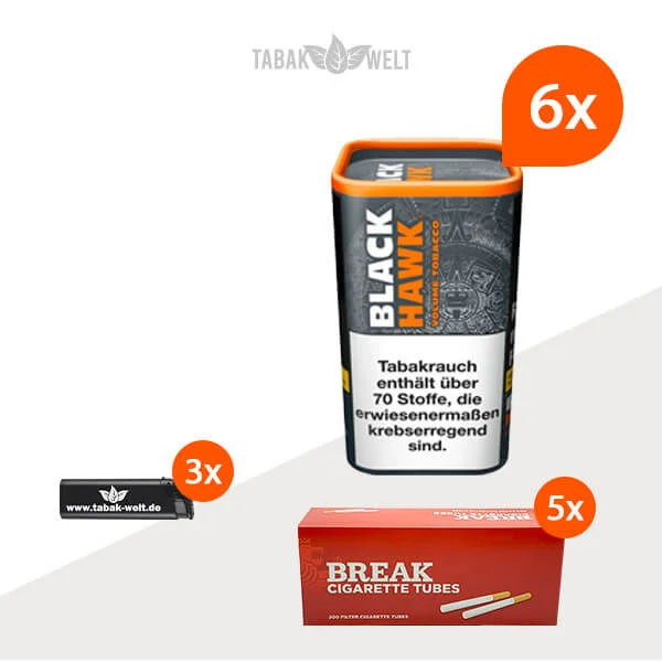 Black Hawk Volumentabak 6x Dose mit 1000 King Size Hülsen und Feuerzeugen Black Hawk Volumentabak 6x Dose mit 1000 King Size Hülsen und Feuerzeugen