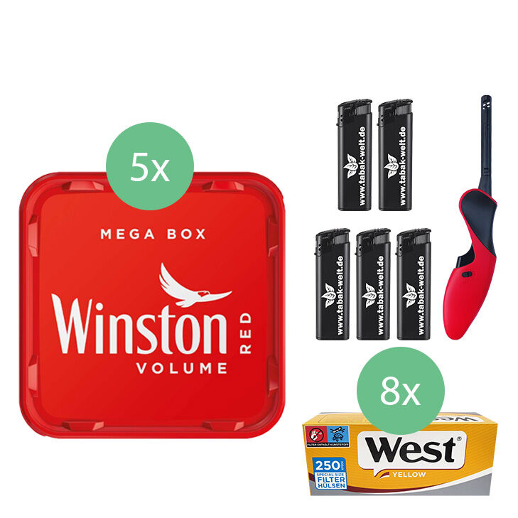 Winston Tabak 5 x Mega Box mit 2000 Yellow Special Size Hülsen 