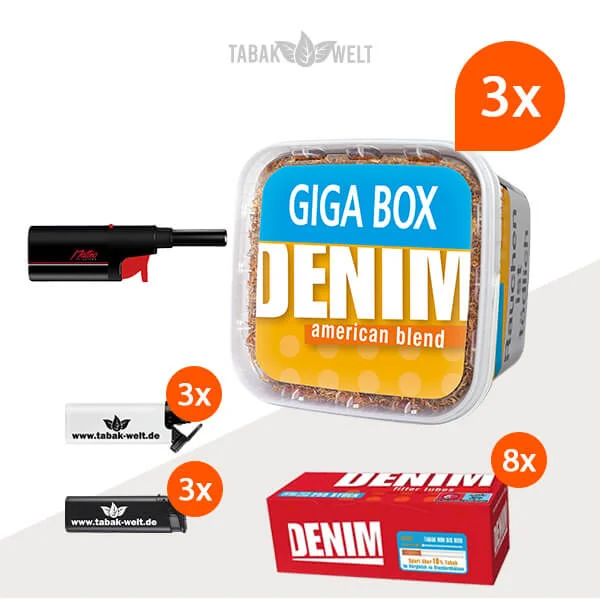 Denim Blend Volumentabak 3x Giga Box mit 2000 Extra Size Hülsen