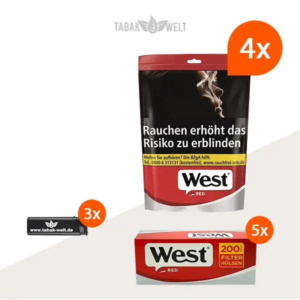 west-red-volumentabak-4x-beutel-mit-feuerzeugen-und-huelsen