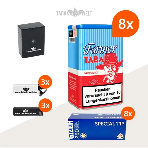 Farmer Rot Pfeifentabak 8x Dose mit 2000 Special Tip Hülsen