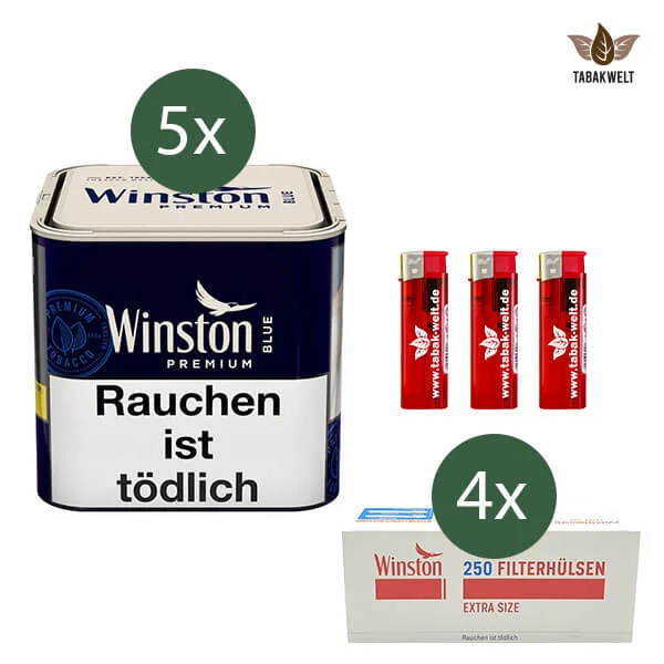 Winston Feinschnitttabak Blue 5 x Dose mit 1000 Extra Size Filterhülsen