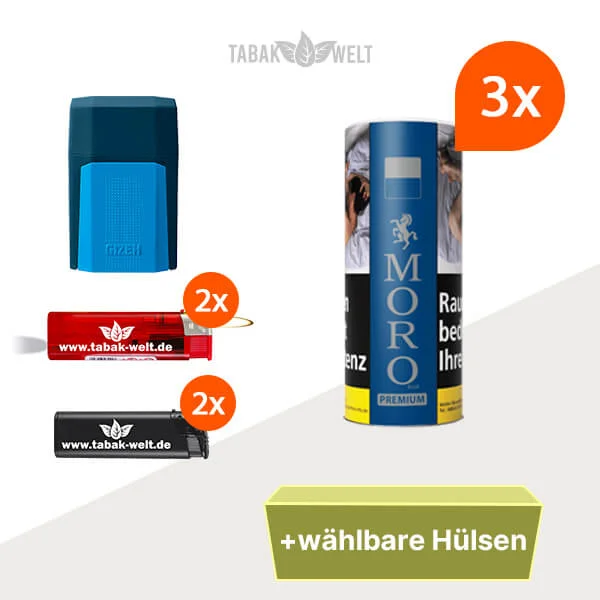 Moro Premium Volumentabak Blau 3x Vorratsdose mit wählbaren Hülsen und Etui