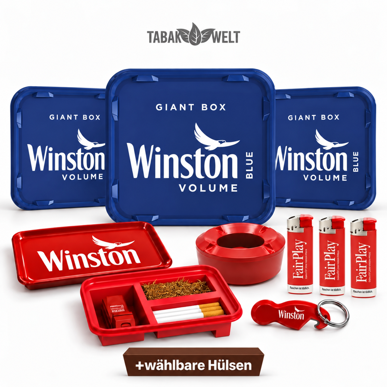 Winston Blue Volumentabak 3x Giant Box mit wählbaren Hülsen und Aktionzubehör