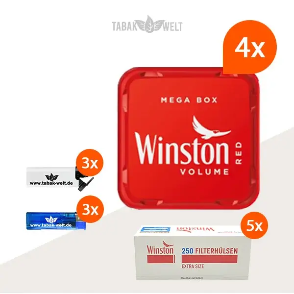 Winston Red Volumentabak 4x Mega Box mit 1250 Extra Size Hülsen