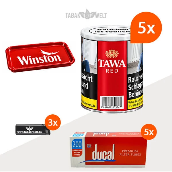 Tawa Red Feinschnitt Tabak – 5 Dosen mit 1000 King-Size-Filterhülsen