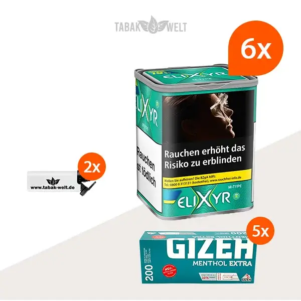 Elixyr Feinschnitttabak Menthol Plus 6x Dose mit 1000 Gizeh Menthol Extra Hülsen