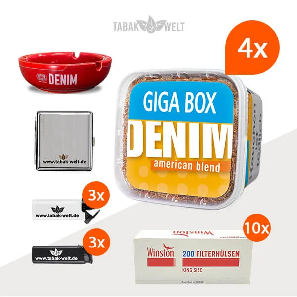 Denim Blend Volumentabak 4x Giga Box mit 2000 Filterhülsen und Etui