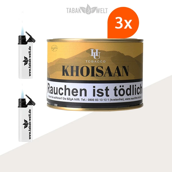 HU Tobacco Khoisaan Pfeifentabak – 3 Dosen mit Feuerzeugen im Set