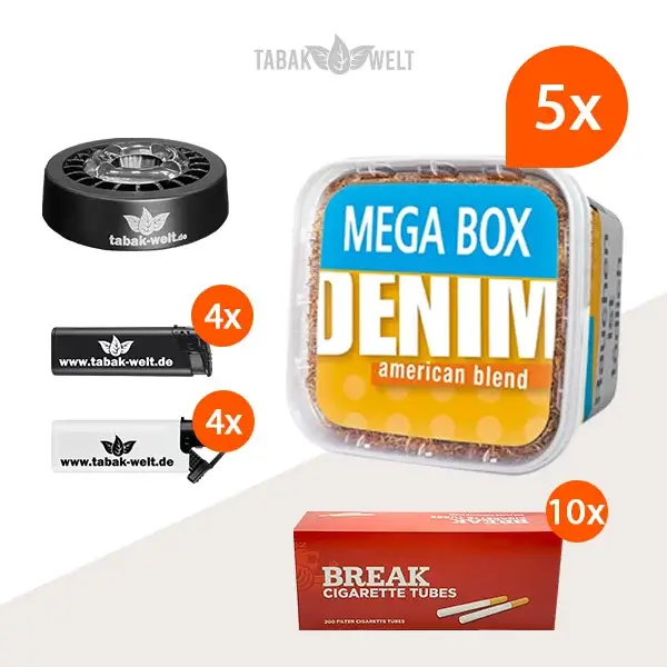 denim-volumentabak-5-x-mega-box-mit-2000-filterhuelsen-und-roulette-aschenbecher