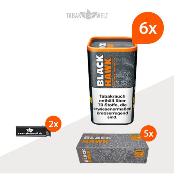 Black Hawk Volumentabak 6x Dose mit 1000 Extra Size Filterhülsen Black Hawk Volumentabak 6x Dose mit 1000 Extra Size Filterhülsen
