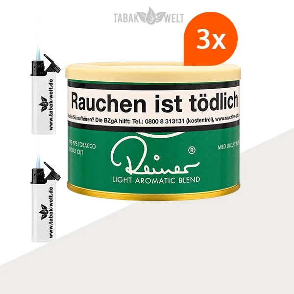 Reiner Grün Pfeifentabak 3er-Dosen-Set mit Sturmfeuerzeugen