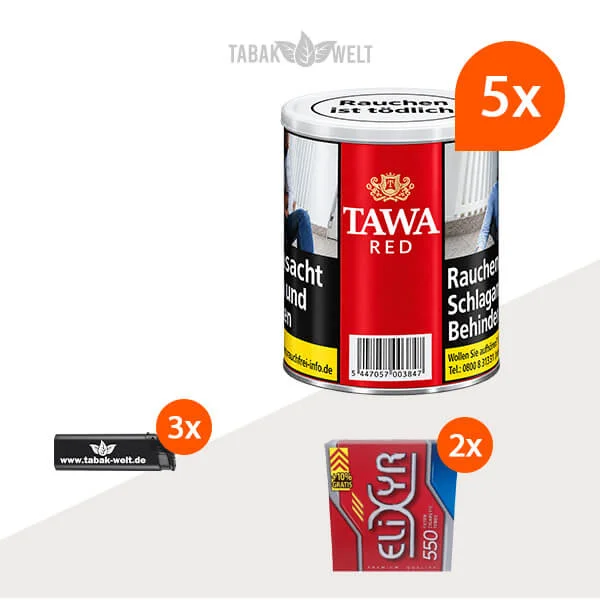Tawa Red Feinschnitt Tabak – 5 Dosen mit 1100 Zigarettenhülsen