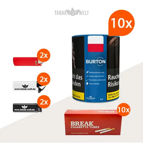 Burton Blue Feinschnitt-Tabak 10x Dose mit 2000 King Size Hülsen 