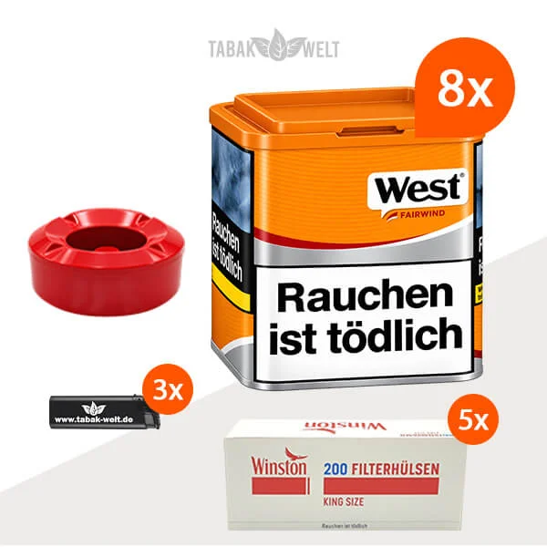 West Yellow Volumentabak 8er-Dosen-Set mit 1000 King-Size-Zigarettenhülsen