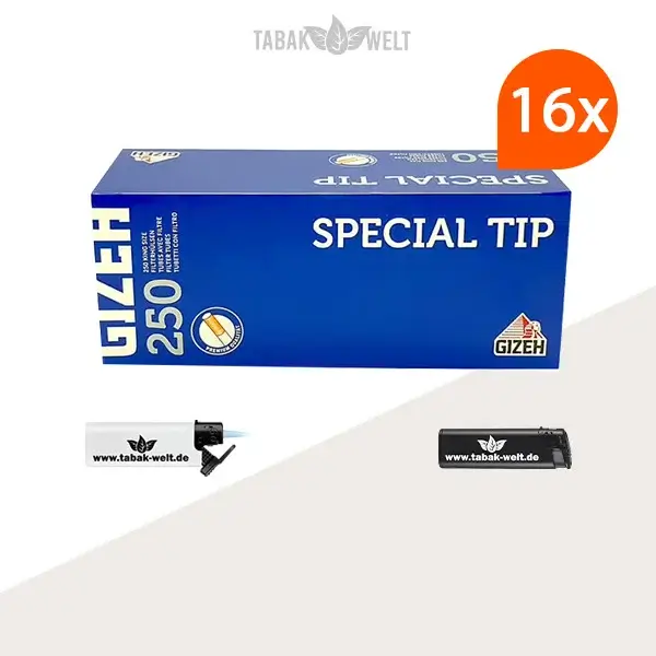 16x Gizeh Special Tips Filterhülsen Extra 250er (4000 Stück) mit Feuerzeugen