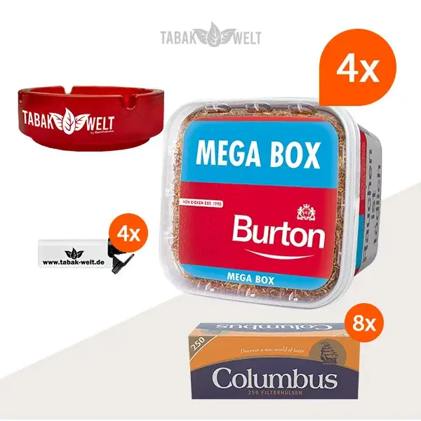 burton-red-volumentabak-4x-mega-box-mit-2000-king-size-filterhuelsen-und-glas-aschenbecher