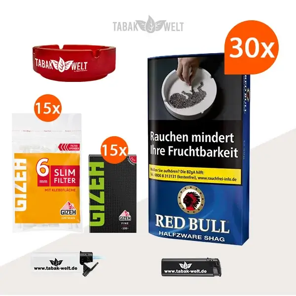 Red Bull Halfzware Shag Feinschnitt-Tabak 30x Pouch mit Blättchen