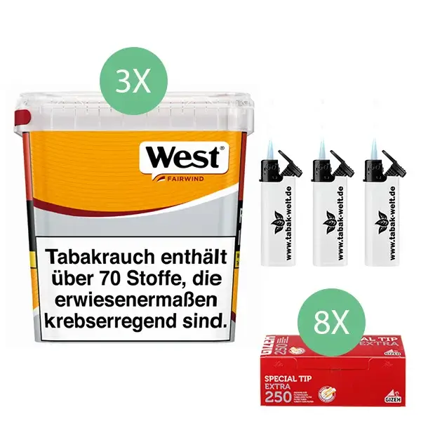 West Volumentabak Yellow 3 x Giga Box mit 2000 Extra Hülsen