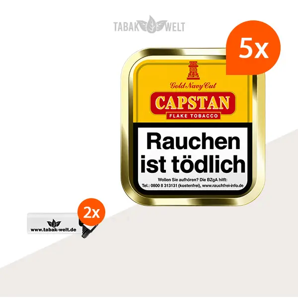 Capstan Gold Navy Cut Pfeifentabak – 5 Dosen mit Feuerzeugen im Set