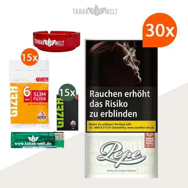 Pepe Fine Green Drehtabak 30x Pouch mit Glas Aschenbecher