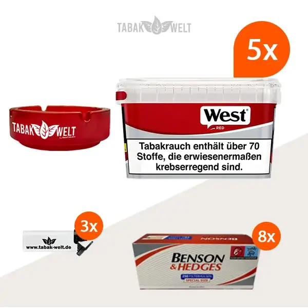 west-red-volumentabak-5x-mega-box-mit-2000-special-size-huelsen-und-glas-aschenbecher