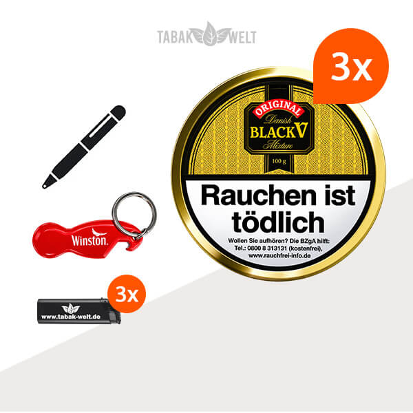 Danish Black V Pfeifentabak klein – 3 Dosen mit Feuerzeugen