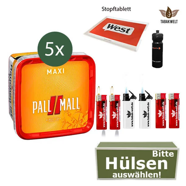 Pall Mall Volumentabak 5 x Maxi Box mit wählbaren Hülsen und Sportflasche