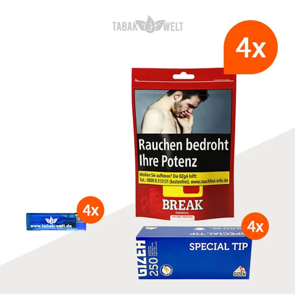 Break Original Volumentabak 4x Beutel mit 1000 Special Tip Filterhülsen