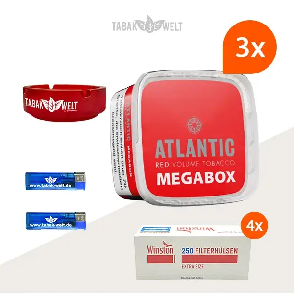 Atlantic Red Premium Volumentabak 3x Mega Box mit 1000 Extra Size Hülsen und Glas Aschenbecher