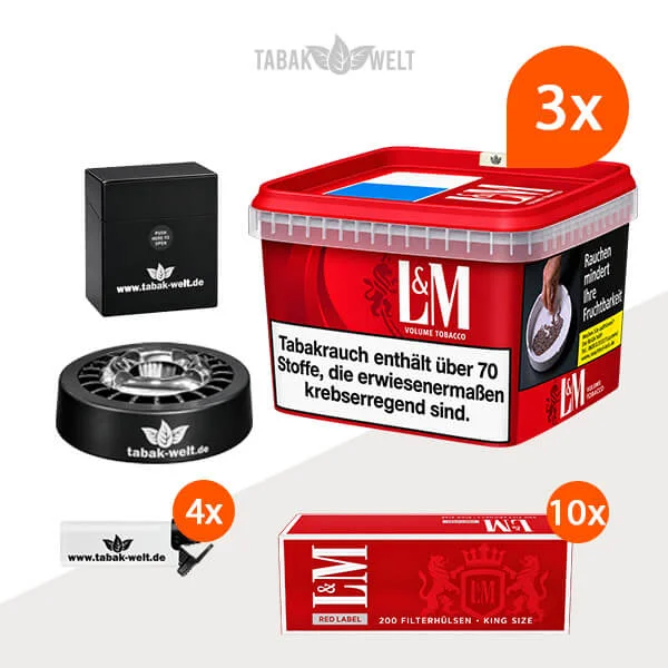 L&M Volumentabak 3x Giga Box mit 1000 Filterhülsen und Roulette Aschenbecher