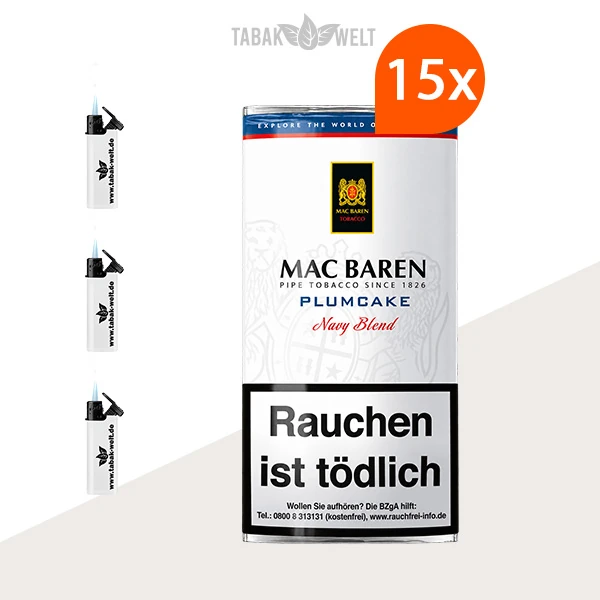 Mac Baren Plumcake Pfeifentabak – 15 Pouches mit Feuerzeugen