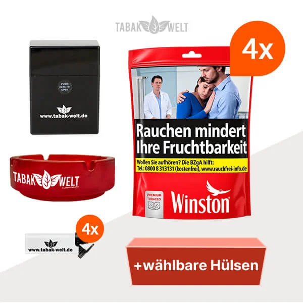Winston Tabak Red XXL – 4 Beutel mit wählbaren Filterhülsen und Aschenbecher