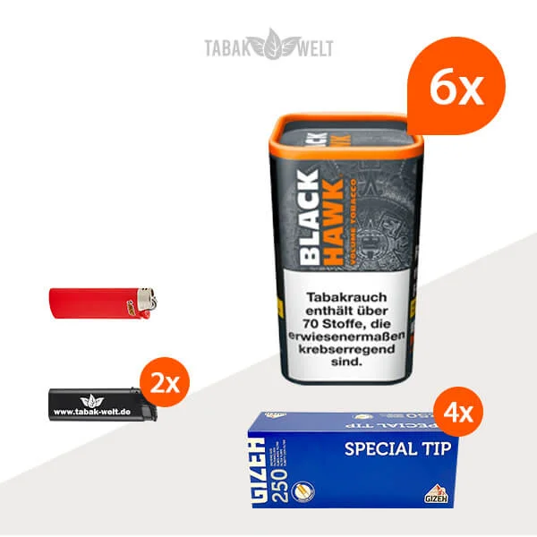 Black Hawk Volumentabak 6x Dose mit 1000 Special Tip Hülsen Black Hawk Volumentabak 6x Dose mit 1000 Special Tip Hülsen