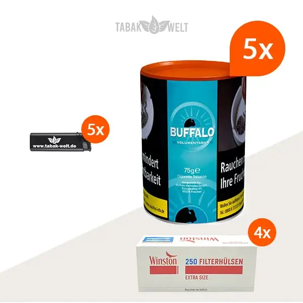 Buffalo Blue Volumentabak 5x Dose mit 1000 Extra Size Hülsen und Feuerzeugen Buffalo Blue Volumentabak 5x Dose mit 1000 Extra Size Hülsen und Feuerzeugen