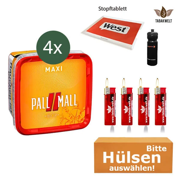 Pall Mall Volumentabak 4 x Maxi Box mit wählbaren Hülsen und Stopftablett