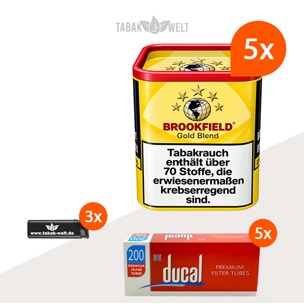 Brookfield Gold Blend Drehtabak 5er-Dosen-Set mit 1000 Zigarettenhülsen und Feuerzeugen