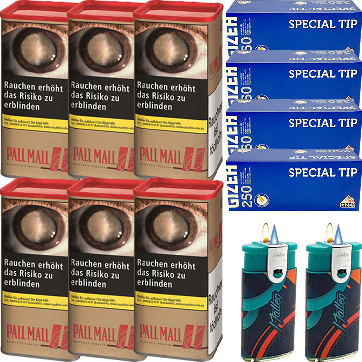 Pall Mall Tabak Authentic Red 6 x Dose mit 1000 Gizeh Special Tip Hülsen