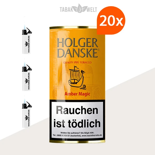 Holger Danske Amber Magic Pfeifentabak im 20er-Pouch-Pack mit Feuerzeugen