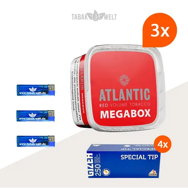 Atlantic Red Premium Volumentabak 3x Mega Box mit 1000 Special Tip Hülsen 