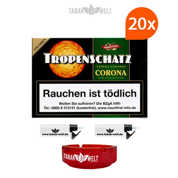 20x-tropenschatz-brasil-corona-no.-824-f-cigarren-mit-sturm-feuerzeuge-und-glas-aschenbecher