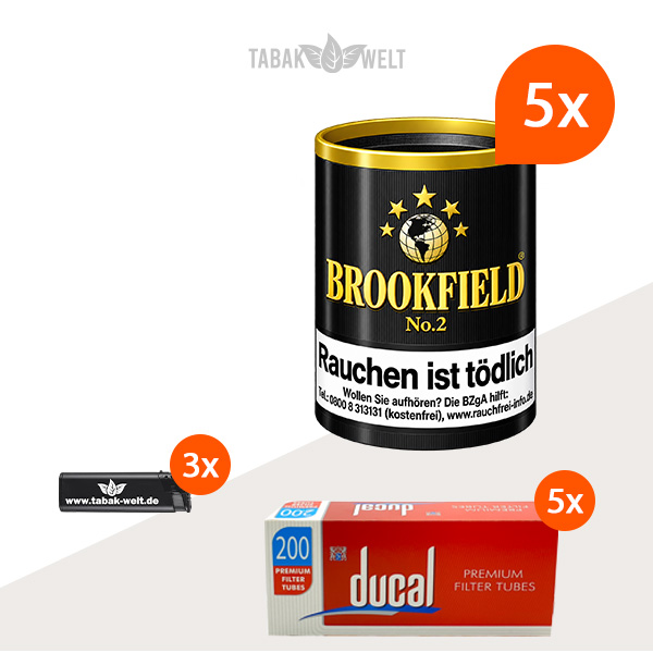 Brookfield Black Cavendish Pfeifentabak 5er-Set mit 1.000 Hülsen und Feuerzeugen