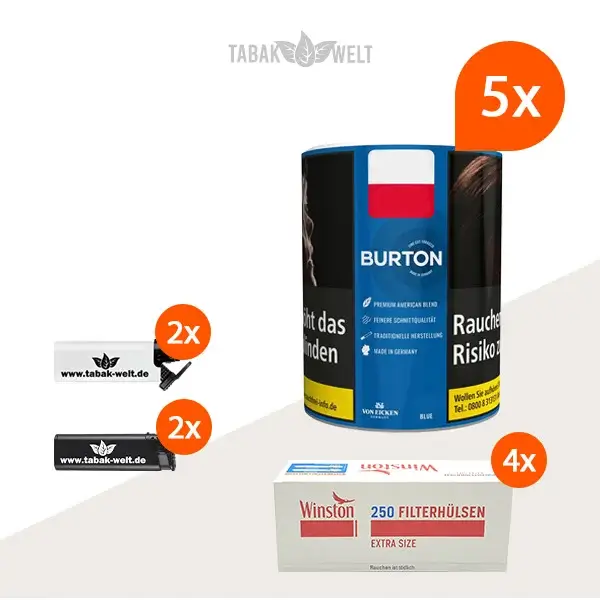 Burton Blue Feinschnitt-Tabak 5x Dose mit 1000 Extra Size Hülsen und Feuerzeugen 