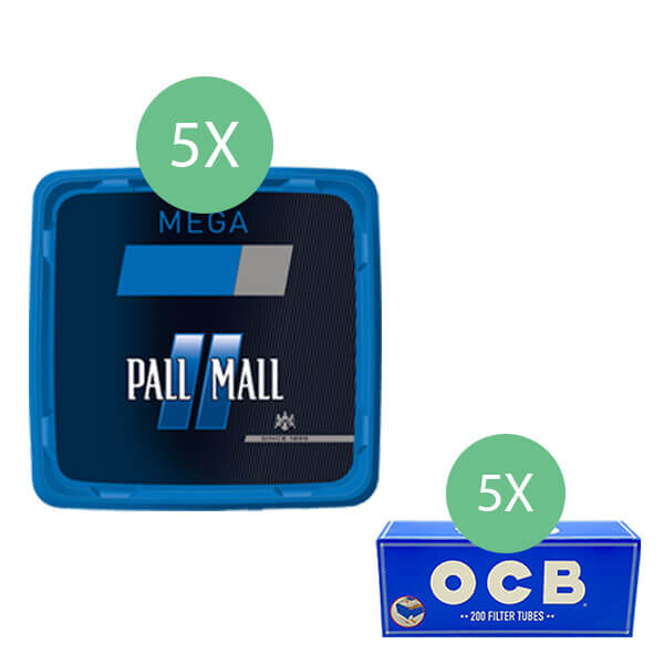 5 x pall mall blau volumentabak mit 1000 ocb hülsen