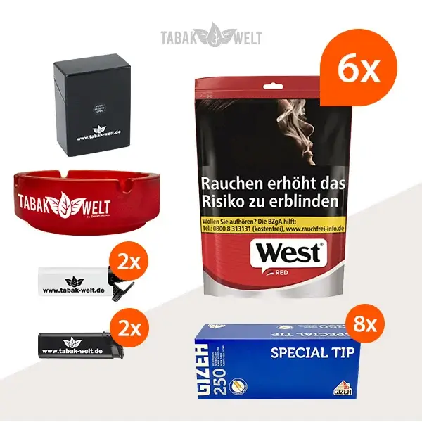west-red-volumentabak-6x-beutel-mit-filterhuelsen-und-aschenbecher